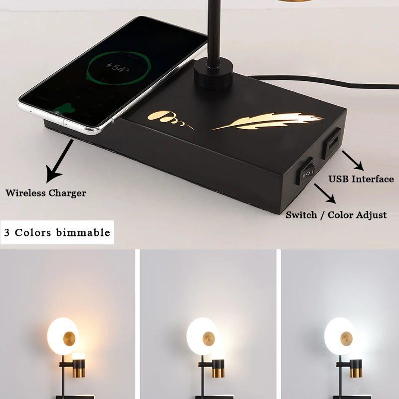 ﻿   3 ألوان مصباح أرضي حديث 360 درجة ضوء أرضي دوار واجهة USB لمبة مكتب أسود دراسة غرفة المعيشة ديكور غرفة معدنية