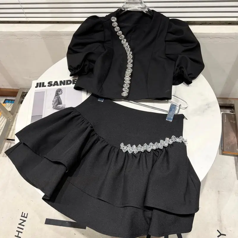 2022 Summer Short Fluffy Sleeve Rhinestone V Neck T Shirt High Waist Ruffles Mini Skirt Two Piece Set Outfits