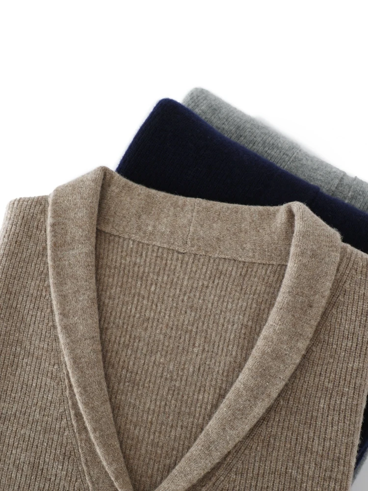 Роскошный мужской свитер из 100% мериносовой шерсти с v-образным вырезом, толстый вязаный теплый кардиган, осенне-зимняя кашемировая однотонная одежда с карманами