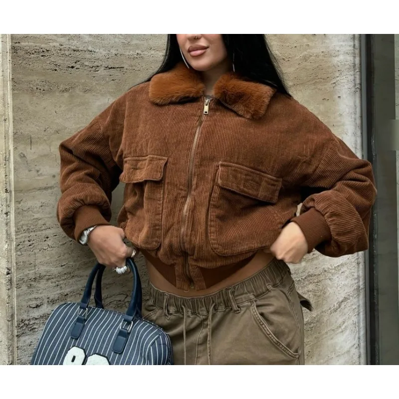

Винтажная коричневая куртка с меховым воротником, вельветовая куртка, кардиган на молнии, короткий топ