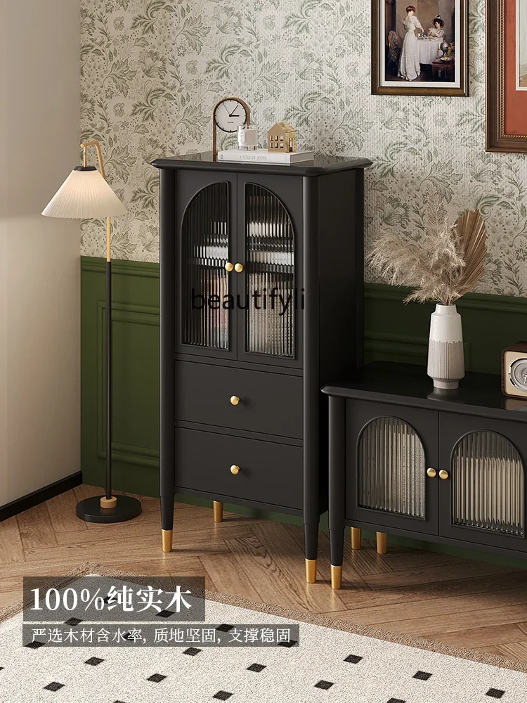 

French Retro TV Cabinet Low Side Cabinet Solid Wood Black Storage Locker Wine Cabinet Snack Clothes Closet