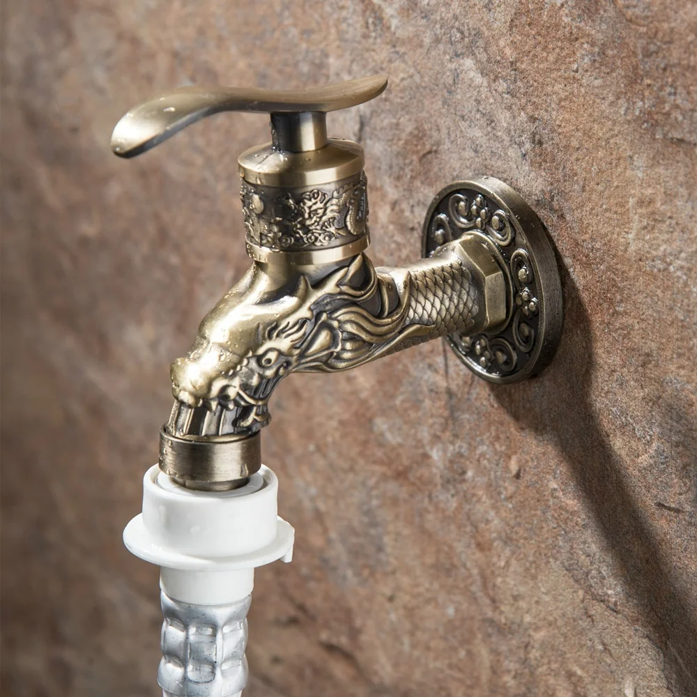 Carved Wall Mount Zinc Alloy Antique Bronze Bibcock Decorative Outdoor Garden Washing Machine Faucet Small Tap