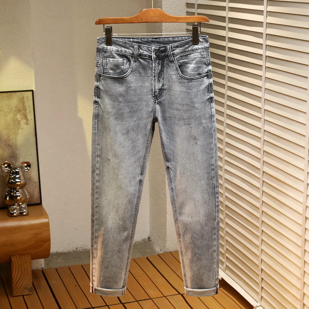 

91% хлопковые узкие джинсы Little Feet, серые мужские модные корейские прямые эластичные джинсовые брюки, брендовая одежда, мужские брюки