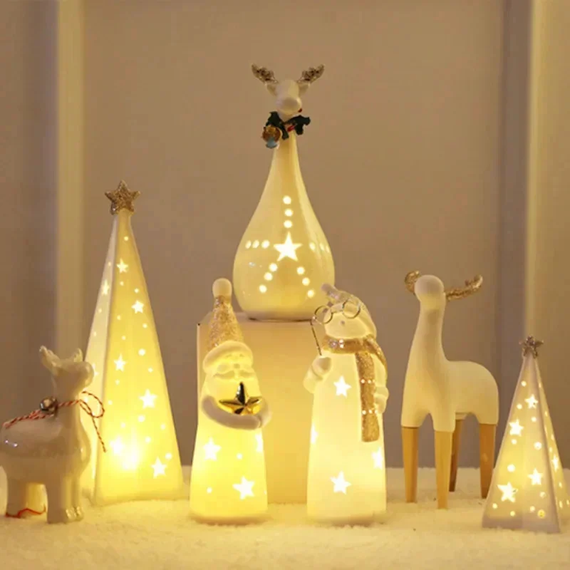 Christmas Santa Decorative Household Tabletop Mini Ceramic Christmas Snowman Luminous Decorations Lights New Year Ornament Gift