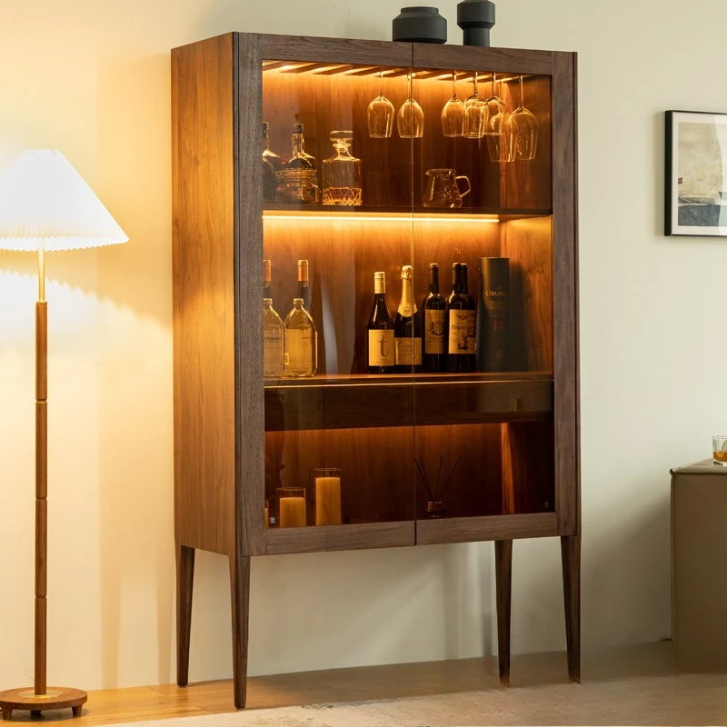 

Black walnut living room against the wall solid wood glass double door partition display dining side cabinet integrated
