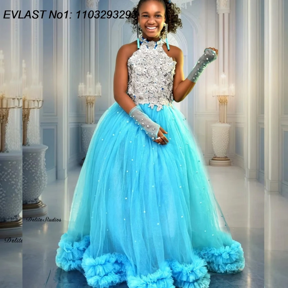 EVLAS Customized Princess Blue Floral Birthday Party Dress Ball Gown Children Flower Girls Dress for Wedding Kids Gown TFD168