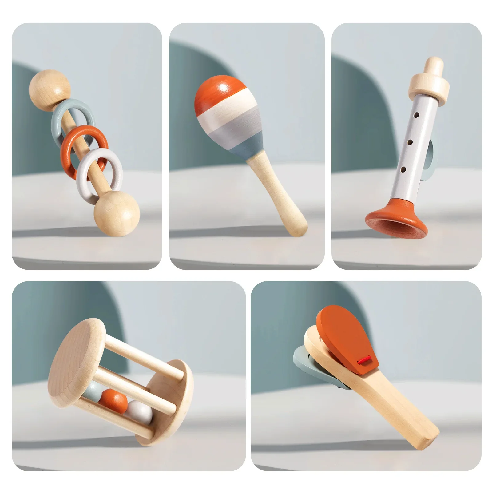 Baby Ringbell Wooden Toy 5 PCS Set Baba Hand Eye Coordination Grip Musical Instrument Sand Hammer Soundboard 0-1 Year Baby Gift