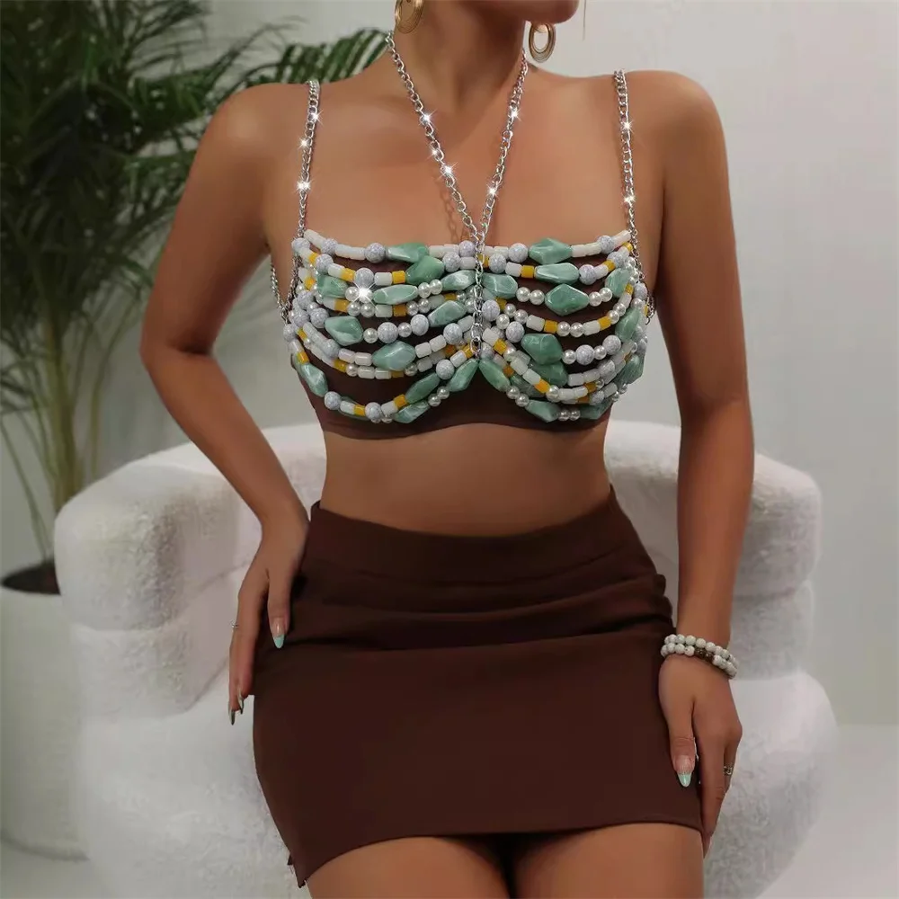 

Sexy Multi-layer Stone Crystal Chest Chain Body Chain for Women Trendy Hollow out Bikinis Pearl Bra Chain Nightclub Body Jewelry