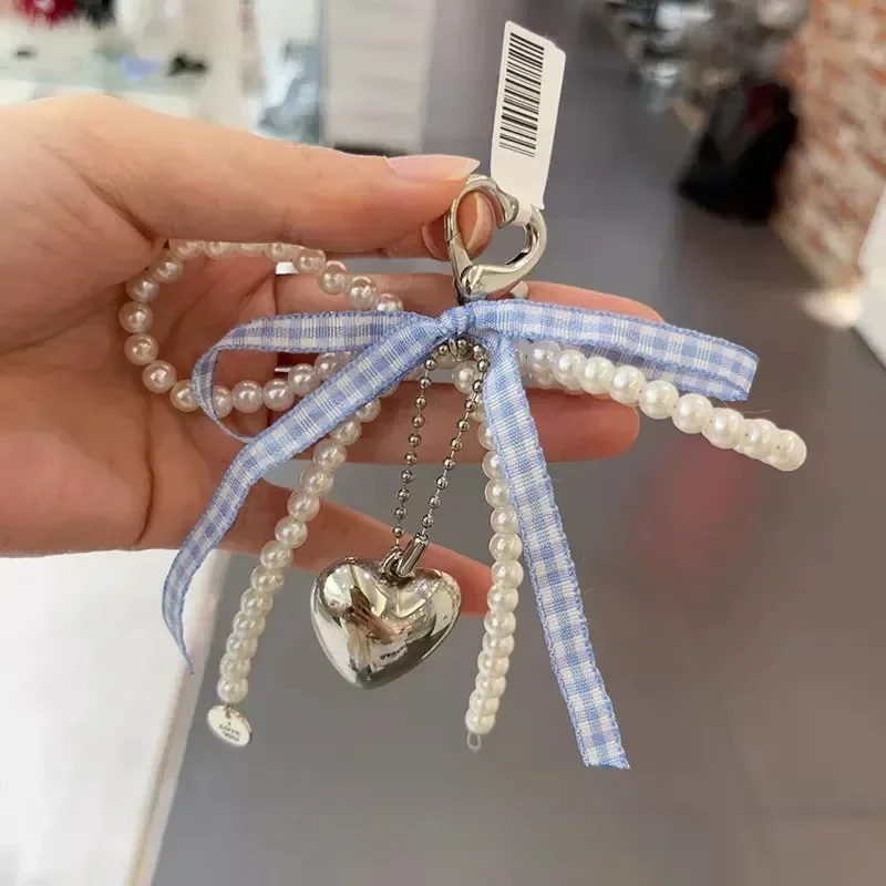 Y2K Lattice Ribbon Bowknot Pearls Bag Pendant Charm Heart Keychain Elegant Beaded Keyring Sweet Key Chain Phone Key Bag Hangings