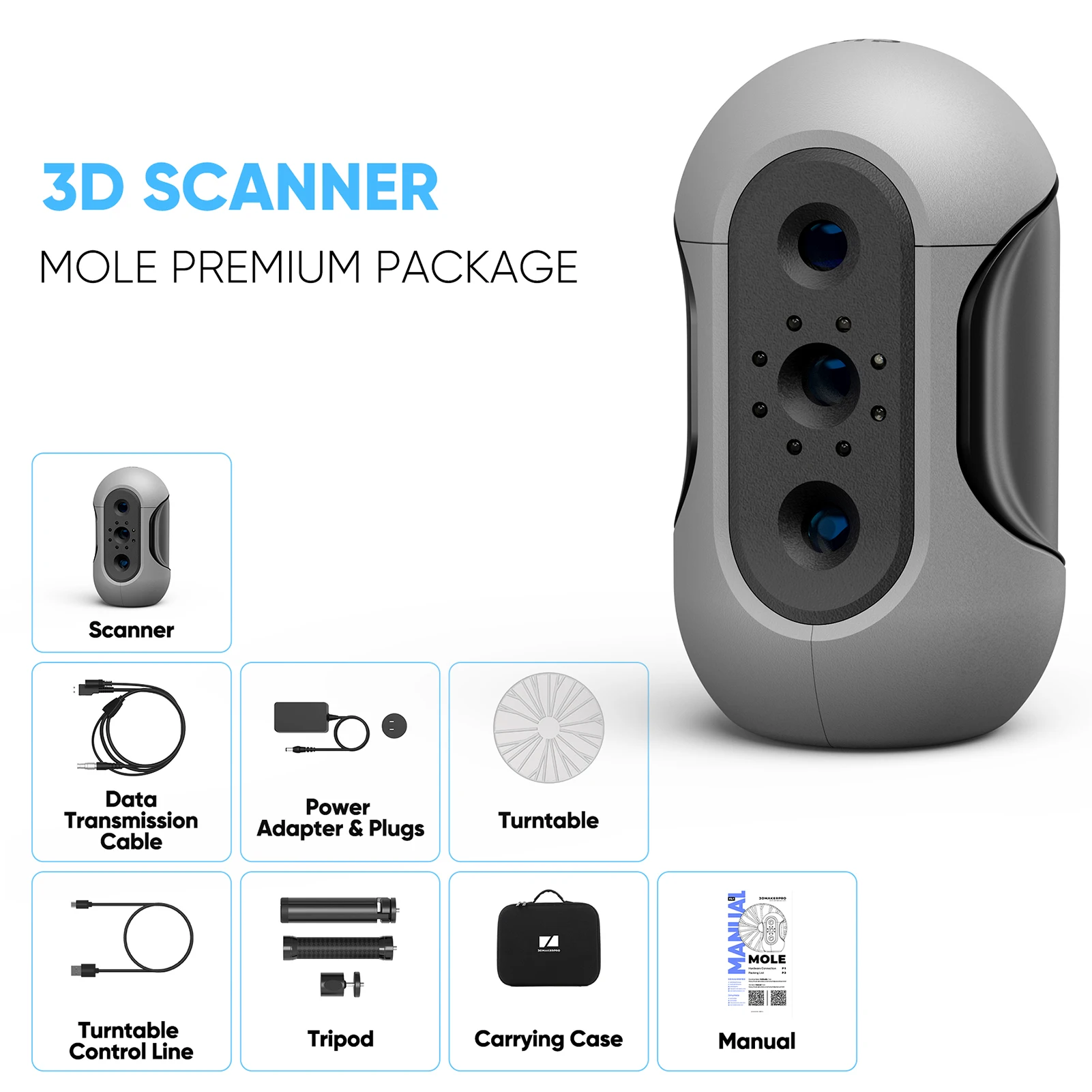 3DMakerpro Mole Handheld 3D Scanner for 3D Printer 0.05mm Accuracy & 0.1mm Resolution 10FPS Scanning Black Objects