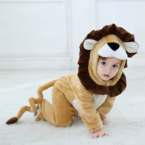 Cartoon Little King of Beasts Lion Costume Romper Jumpsuit for Baby Boy Infant Toddler Winter Outfit Pajamas Flannel Comfy 3-36M - Image 4