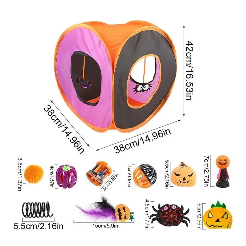 Kit de iniciación para gatitos, conjunto de túnel interactivo para jugar al gato, varita de plumas para gato de Halloween, bola, ratones de primavera, juguetes cuadrados plegables