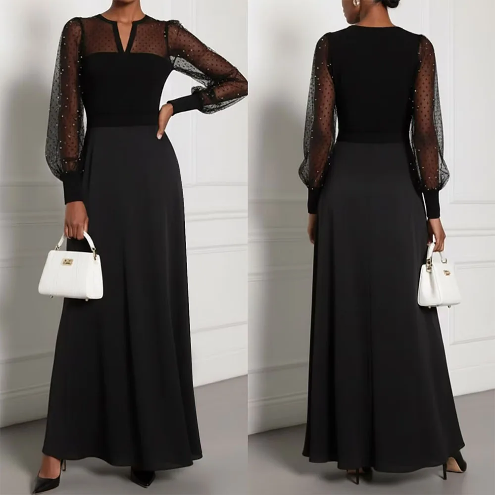 

High Quality Customized V-neck Ankle Length Black Full Sleeves Elegant Dress Women for Wedding Party Robe Pour Mariage Invité