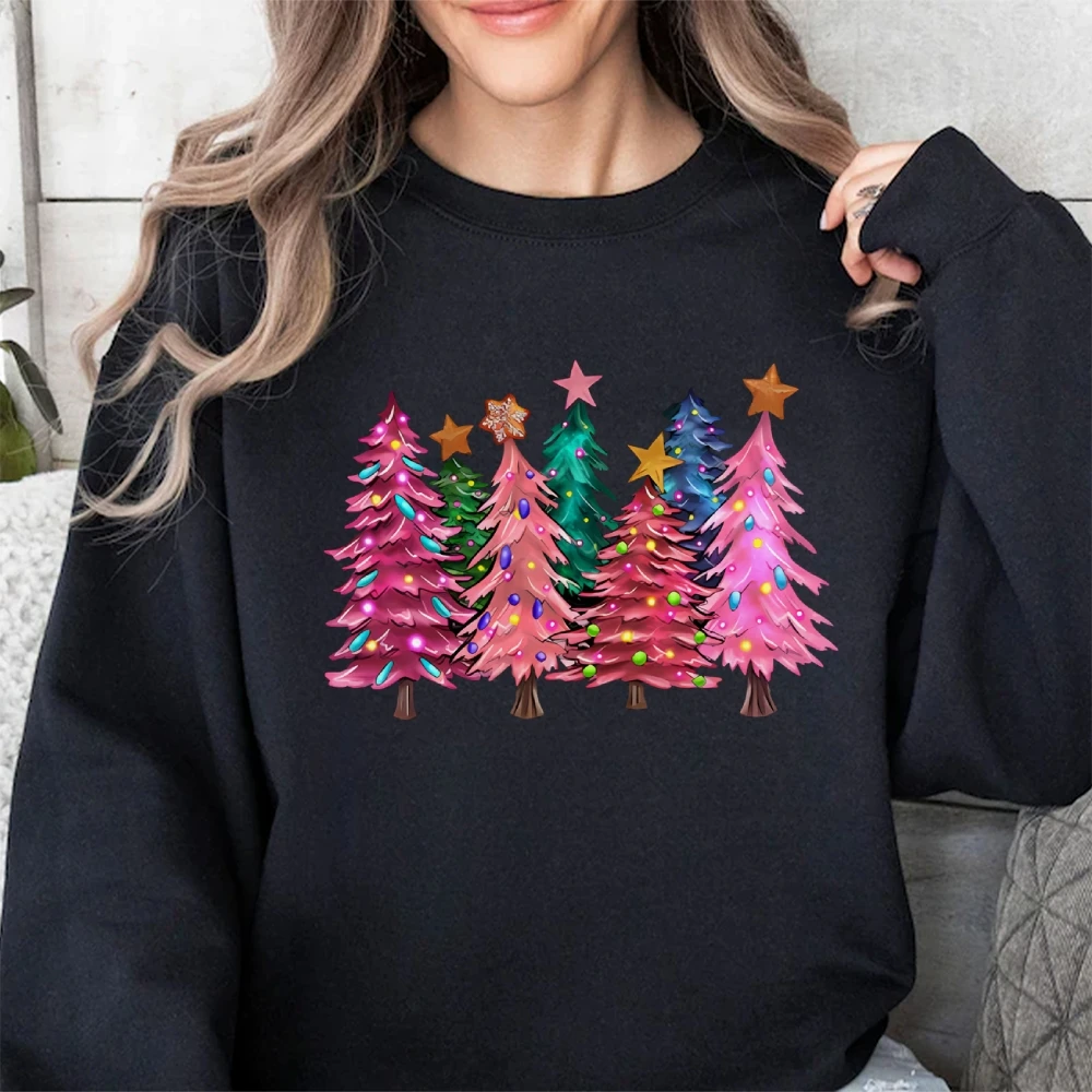 Maglione girocollo casual con grafica albero di Natale a colori 2024 Felpa calda morbida in cotone con maglione a maniche lunghe alla moda