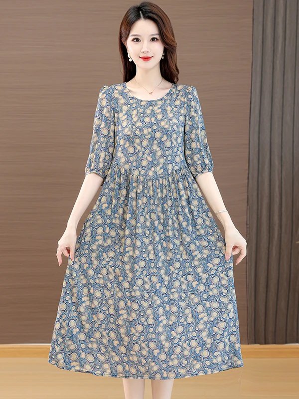 فستان صيفي جديد لعام 2025 بتصميم فضفاض ومقاس كبير، أنيق وعصري من القطن والحرير الصناعي، تنورة متوسطة الطول للسفر