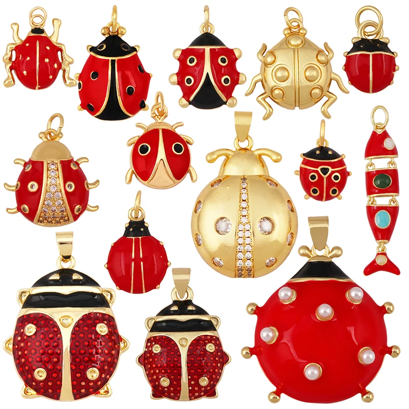 Red Ladybird Insect Shape Brass Based 18K Gold Charm Pendant,Bangle Earring Necklace Jewelry Findings Supply S66
