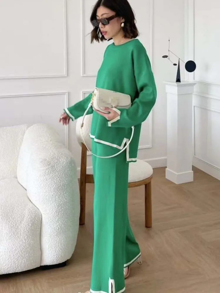 Women Trouser Suits Knitted Fall Spring Office Ladies Sets Knit 2 Piece Set Pajamas Female Side Split Long Sleeve High Waist