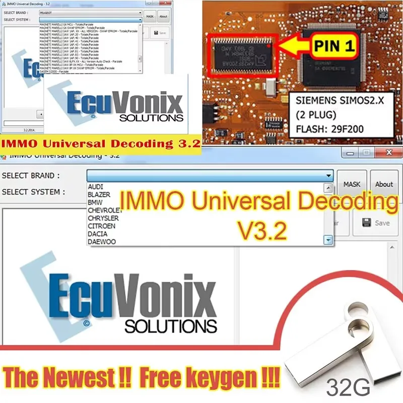 IMMO-decodificación Universal 3,2 con keygen gratis, software de diagnóstico de coche, enlace de 32GB, USB 2021, EcuVonix 3,2, g