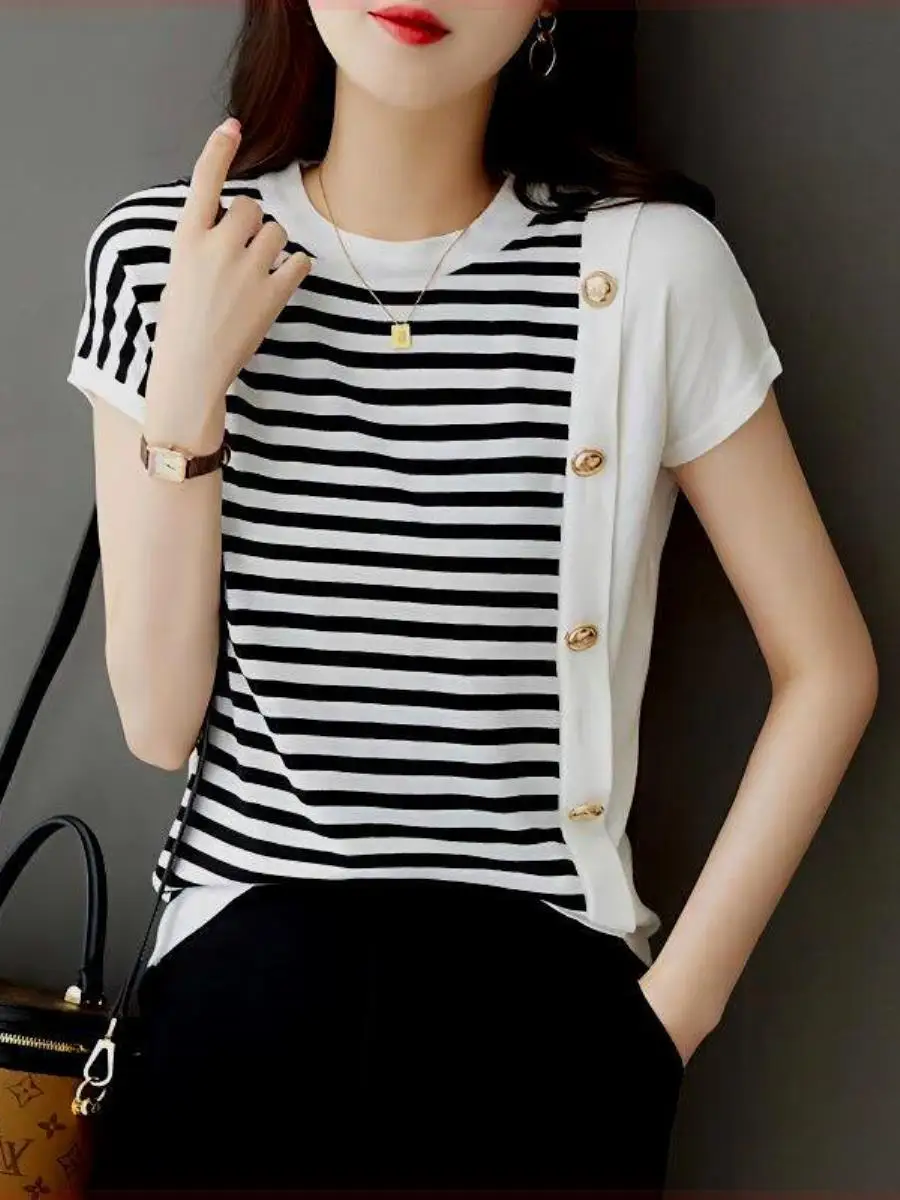 classic-black-white-striped-oversized-short-sleeve-knitwear-three-piece-set-summer-new-design-button-decoration-loose-fit-t-s