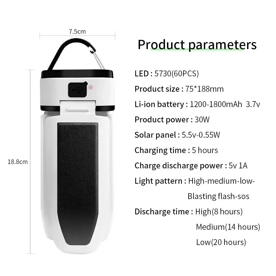 Luz LED Solar recargable por USB para acampar, portátil, plegable, 5 modos, luz nocturna de emergencia, lámpara para tienda de campaña al aire libre para barbacoa, pesca y senderismo