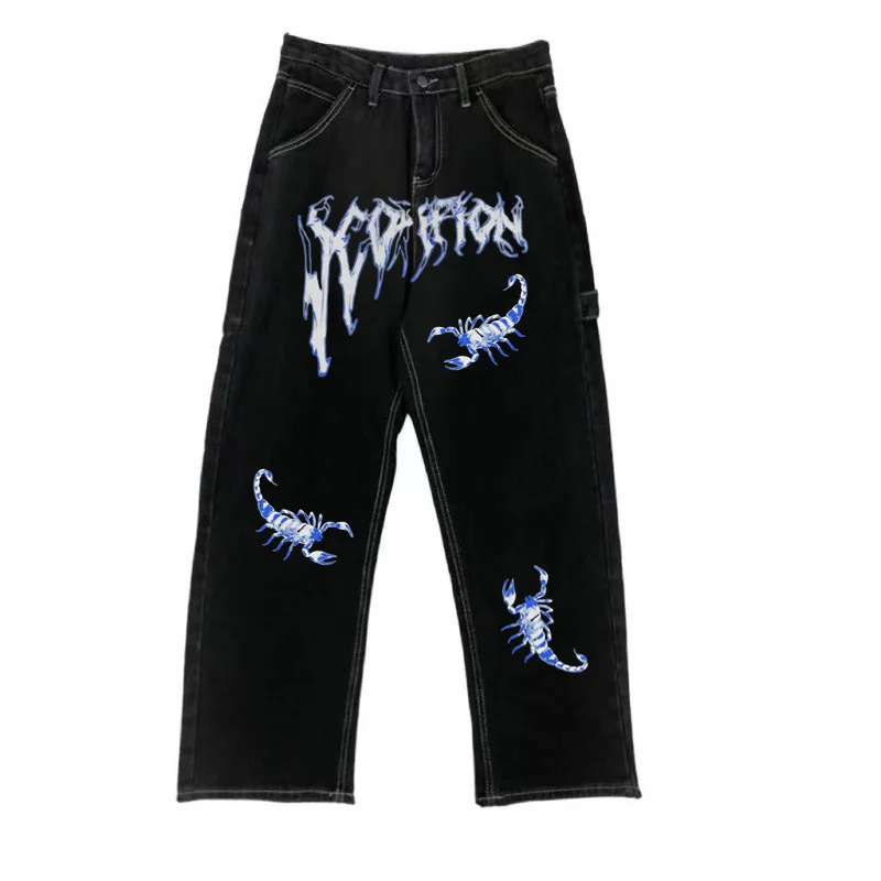 American Vintage High Waist Slim Black Jeans Women Autumn Washed Old Printed Straight Pants Hot Girl Streetwear Wide-leg Pants