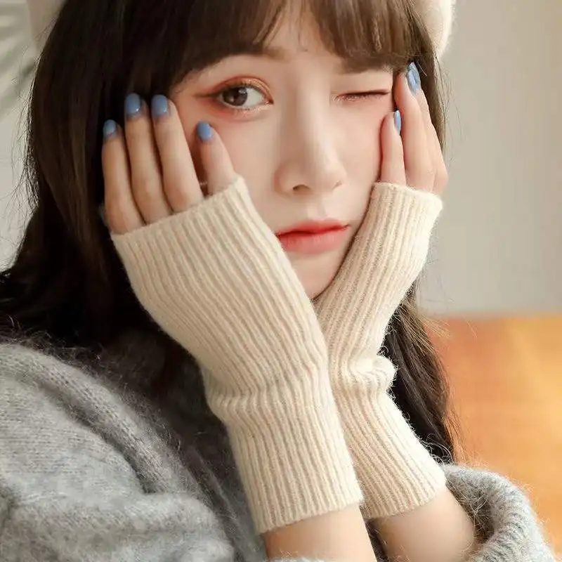 Women Winter Fingerless Half Finger Knitted Gloves Office Knitted Warm Exposed Finger Thick Gloves Elastic Driving Gloves