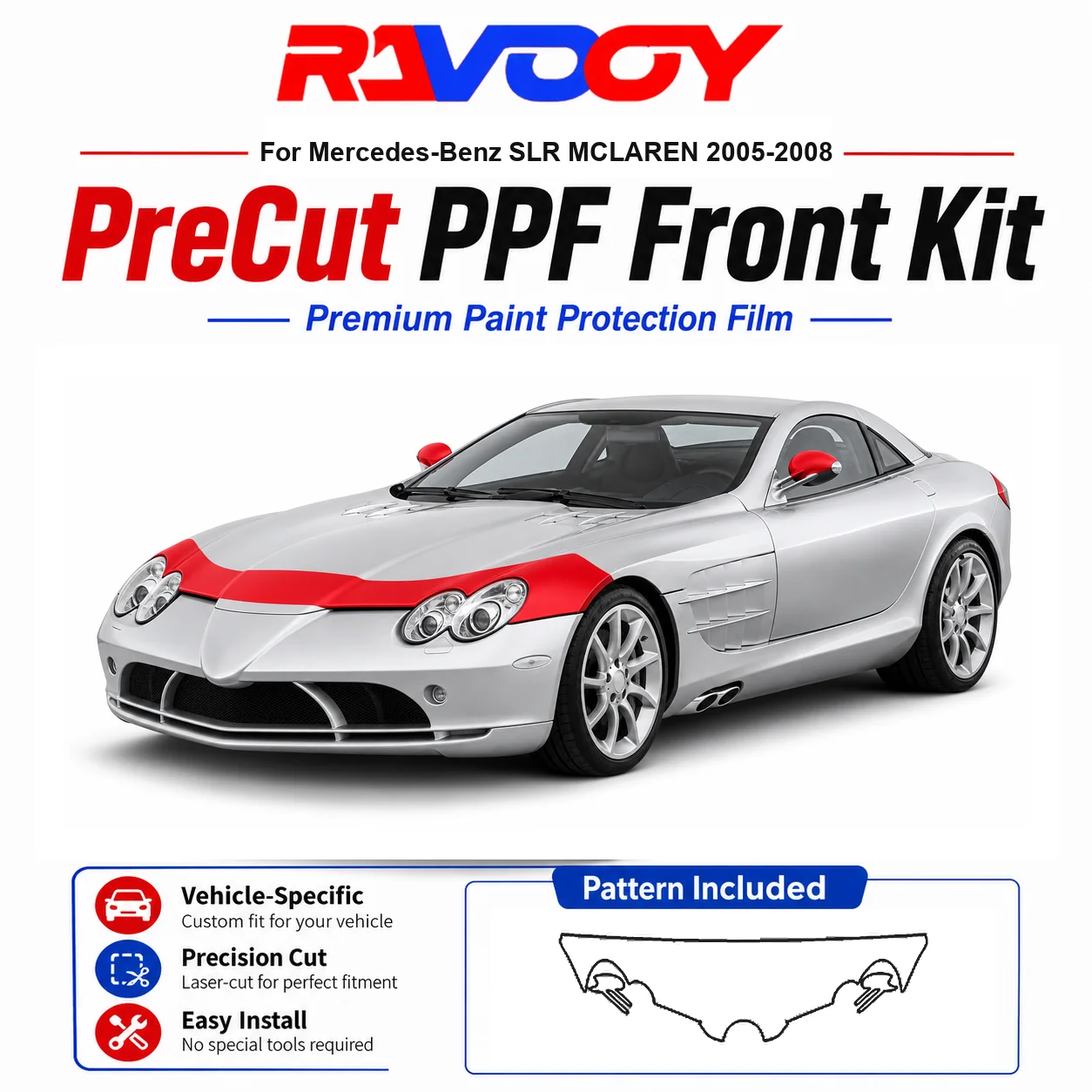 

8.5mil TPU Precut PPF Kit For Mercedes-Benz SLR MCLAREN 2005-2008 - Hood, Fenders & Mirror Set - Self-Healing Clear Bra Film