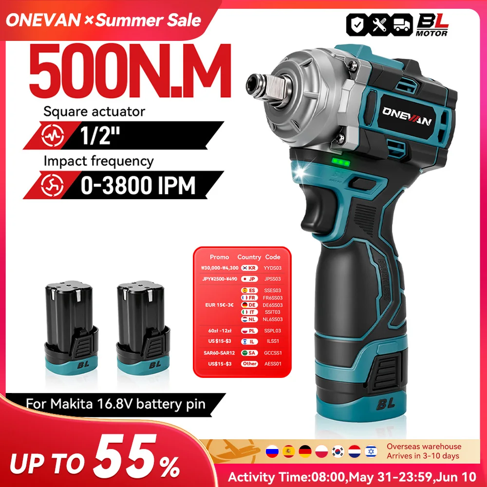 ONEVAN 500N.M clé à chocs électrique sans brosse 3in1 clé sans fil 1/2 pouces tournevis perceuse batterie Lithium-Ion outil électrique