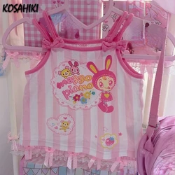 Japanese Kawaii Tanks Top Y2k Aesthetic Summer Stripe Vest Cartoon Print Cute Tank Harajuku Women Lace Patchwork Bow Camisoles