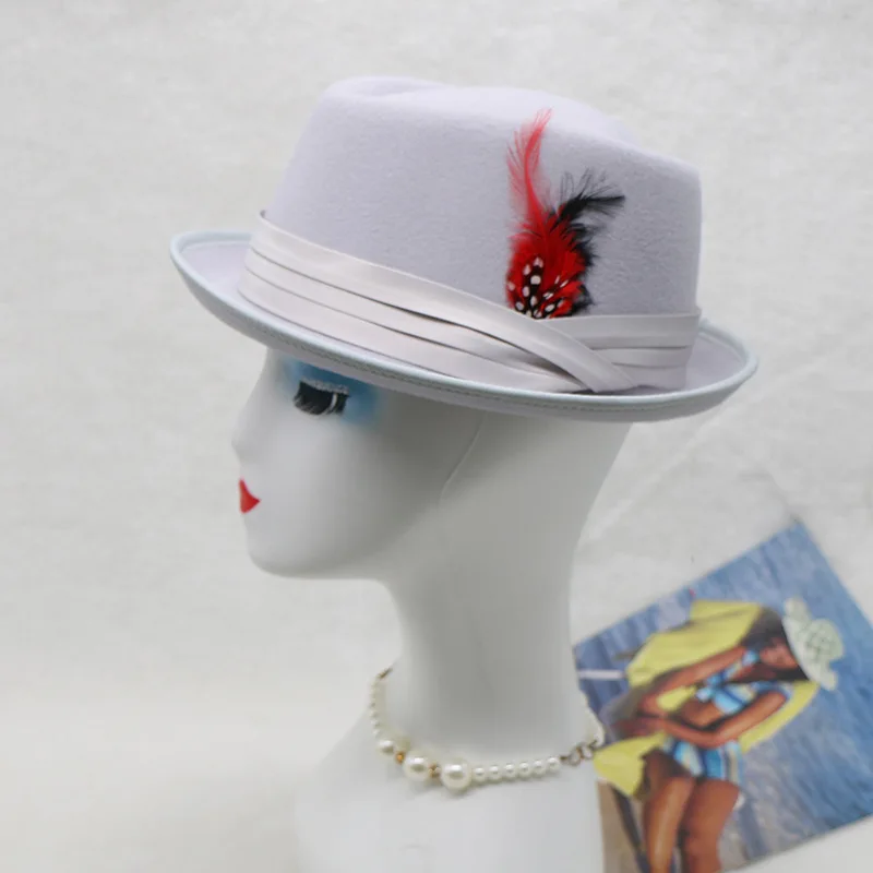 قبعة فيدورا من الصوف قابلة للطي للرجال والنساء مع قبعة جاز ثلاثية الطي مزخرفة بالريش #5