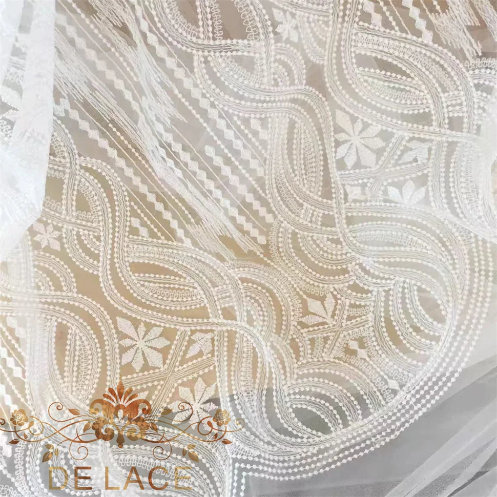 SXGN Exquisite European-style Wave Geometric Pattern Lace Embroidered Fabric Handmade Wedding Dress Lace Fabric