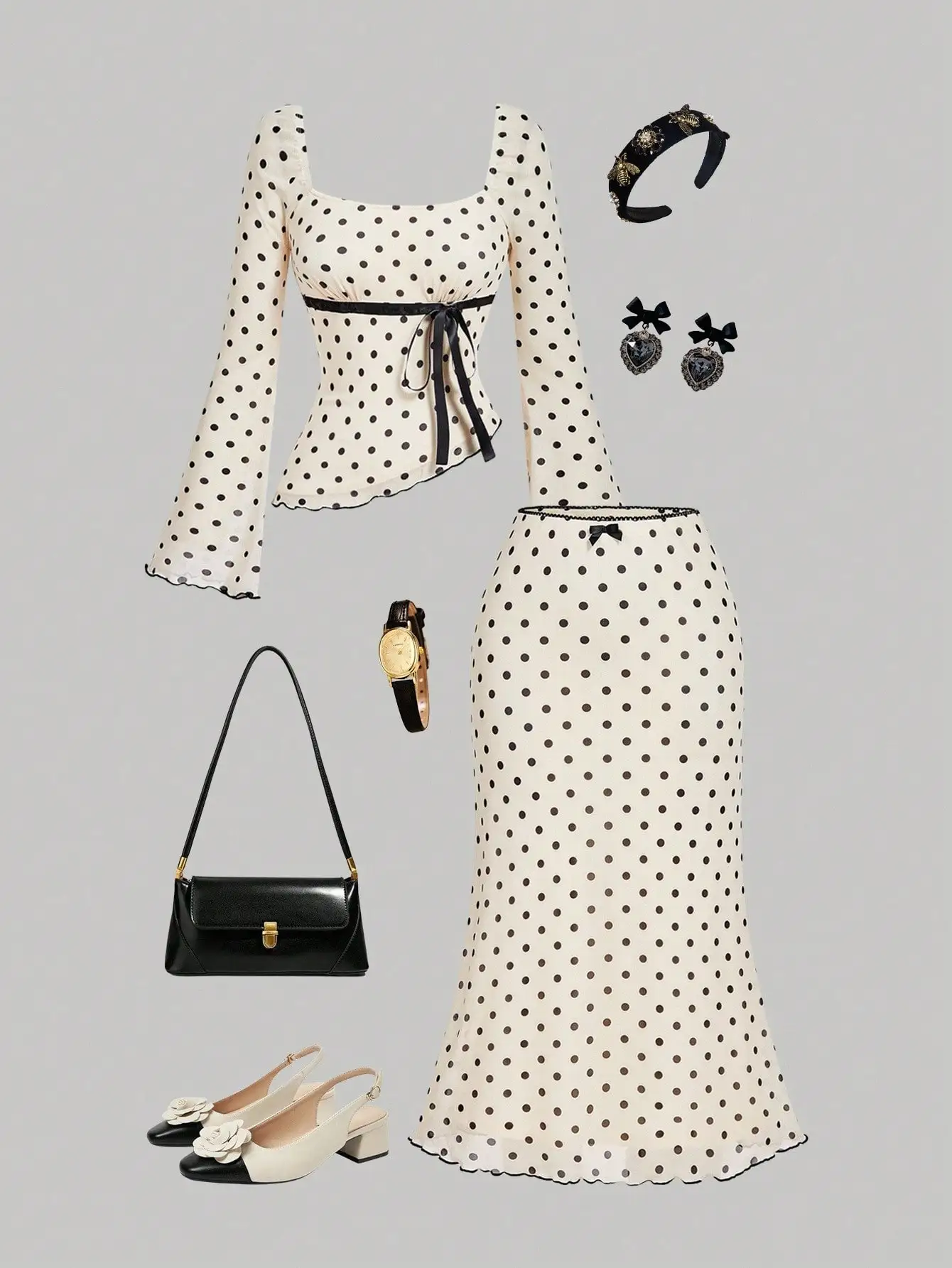 여성용 폴카 도트 2피스 세트(보타이 탑 & 미디 스커트), 가을/겨울 파티를 위한 시크한 의상