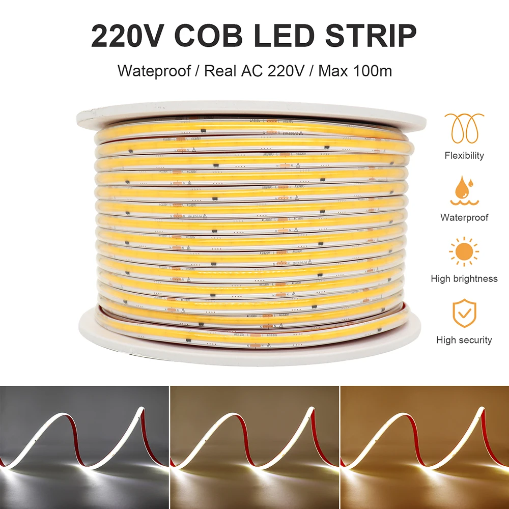 1M-100M 220V COB LED Strip Light Dimmable High Bright LED Strip IP67 Waterproof Outdoor LED Tape For Garden Linear Lighting