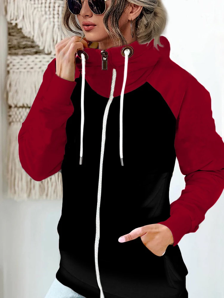 Inverno plus size contraste cor zíper com capuz moletom feminino grosso térmico retalhos mulher bolsos com capuz cordão senhora casacos