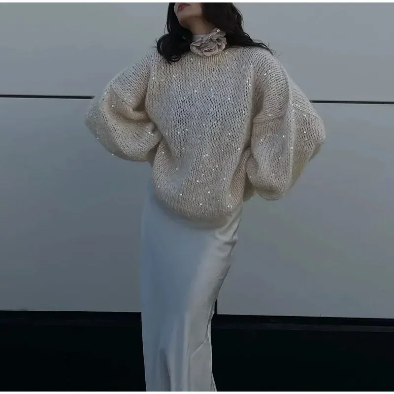 Fashion Sequined Mohair Sweater Women\'s New Loose O-neck Lantern Long Sleeve Glitter Knitted Pullover Sweater Streetwear