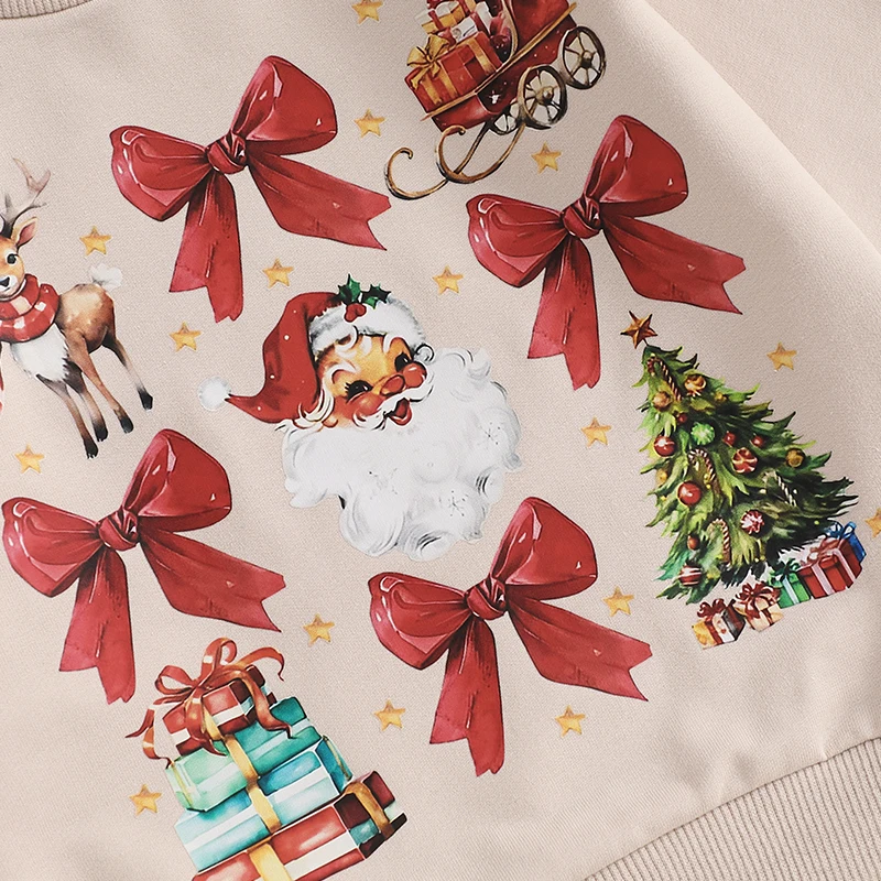 2024-09-06 Lioraitiin 1-5Y Little Girl Christmas Sweatshirt Santa Claus Bow Print Long Sleeve Round Neck Pullover Loose Tops