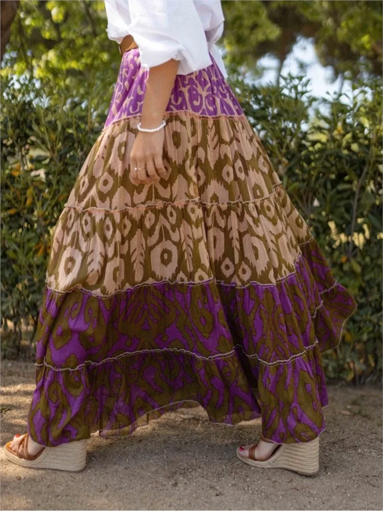 กระโปรงพิมพ์ลายลำลองแฟชั่นผู้หญิงเอวสูงทรงหลวมกระโปรงยาวสำหรับผู้หญิงวันหยุดโบโฮชายหาดสตรีทแวร์เสื้อผ้าผู้หญิงฤดูใบไม้ผลิใหม่