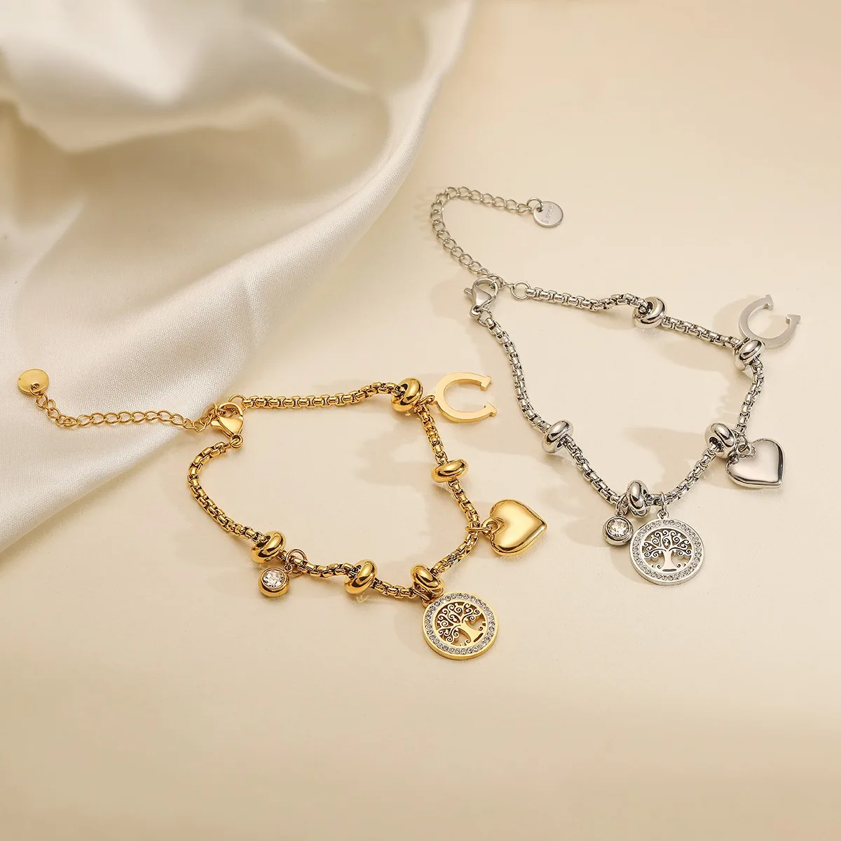 Pulseras de Acero Inoxidable con Baño de Oro de 18k, Dije de Corazón con Árbol de la Vida y Pedrería, Varios Colgantes, Circonita Cúbica, Joyería Impermeable