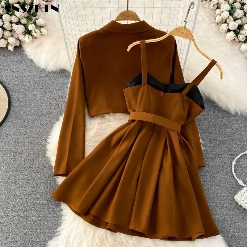 ANSZKTN Spring and autumn new women retro suit short jacket two sets with chest and halter skirt