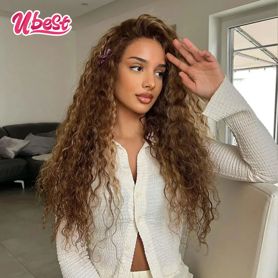 

Ubest Kinky Curly Highlight Lace Wig Human Hair Transparent 13x4 Lace Frontal Human Hair Wigs Pre Plucked Remy P4 27 Colored Wig