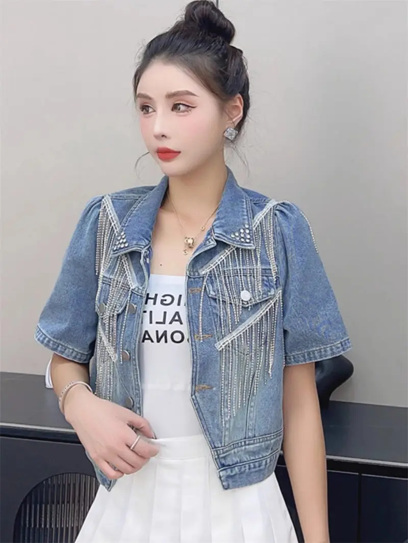 

Tassel Denim Short Sleeved Shirt For Women's Spring And Summer 2025 New Trend Fashion Korean Version Casual Thin Jacket G11200