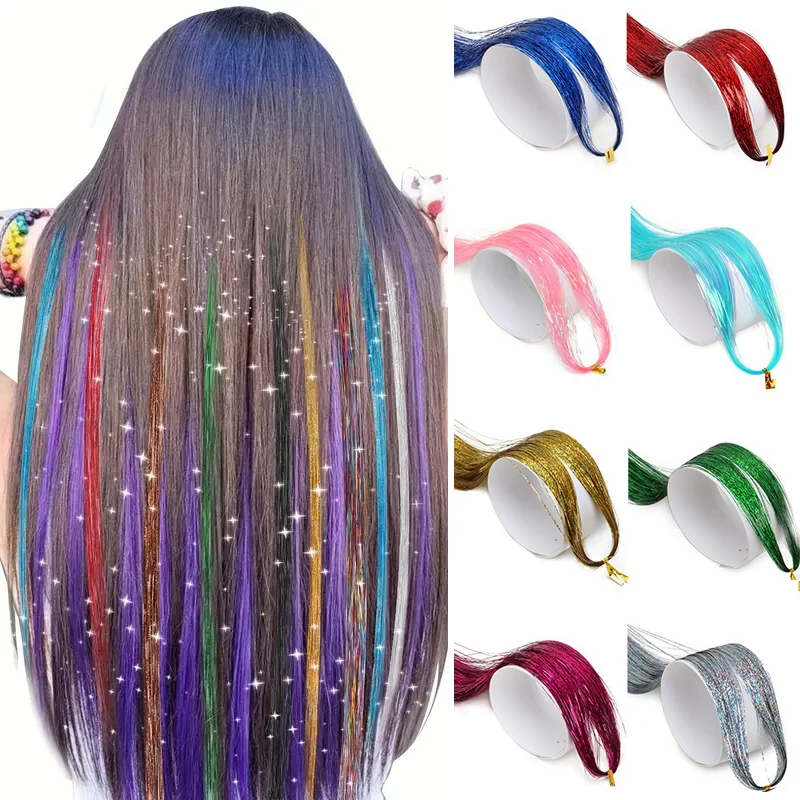 Synthetic Sparkle Hair Tinsel Rainbow Colored Strands Girls Headwear Hair Laser Hair Extensions for Cosplay Party