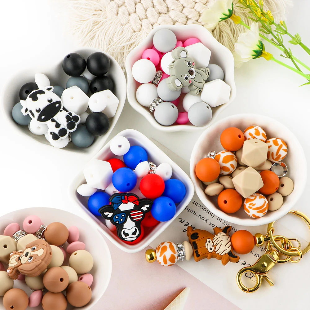 Silicone Focal Beads Cartoon Animals Round Lentil Loose Beads Set For Jewelry Making DIY Keychain Bracelet Necklace Accessories