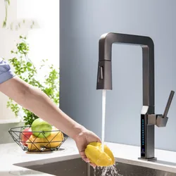 New Kitchen Faucet Brush Gold Brass Pull Out Hot and Cold Digital Display Rotation Kitchen Sink Mixer