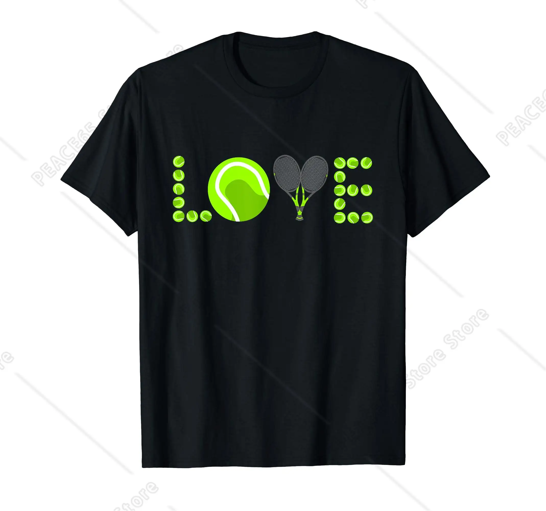 

Tennis Graphic Green Player Racket Pattern Love Logo Ball T-Shirt Round Neck Sports Casual Loose Cartoon Printed Cotton Tee