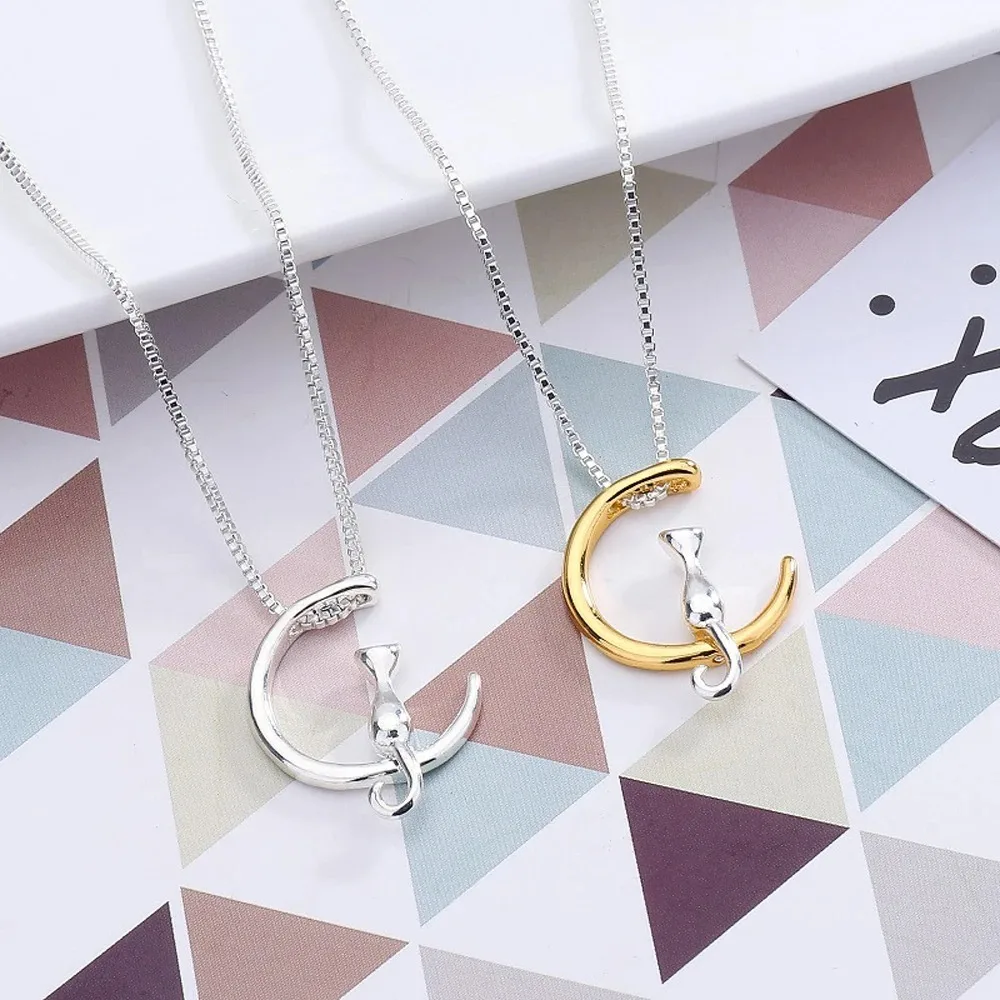 FSUNION 2025 Silver Jewelry Korean Fashion Cute Cat Crescent Moon High-quality Personality Pendant Necklaces Best Friend Gift