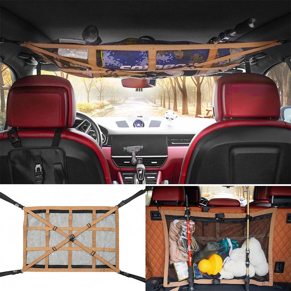 Khaki Car Ceiling Cargo Net Pocket Storage Cargo Net Ceiling Cargo Net Durable Versatile