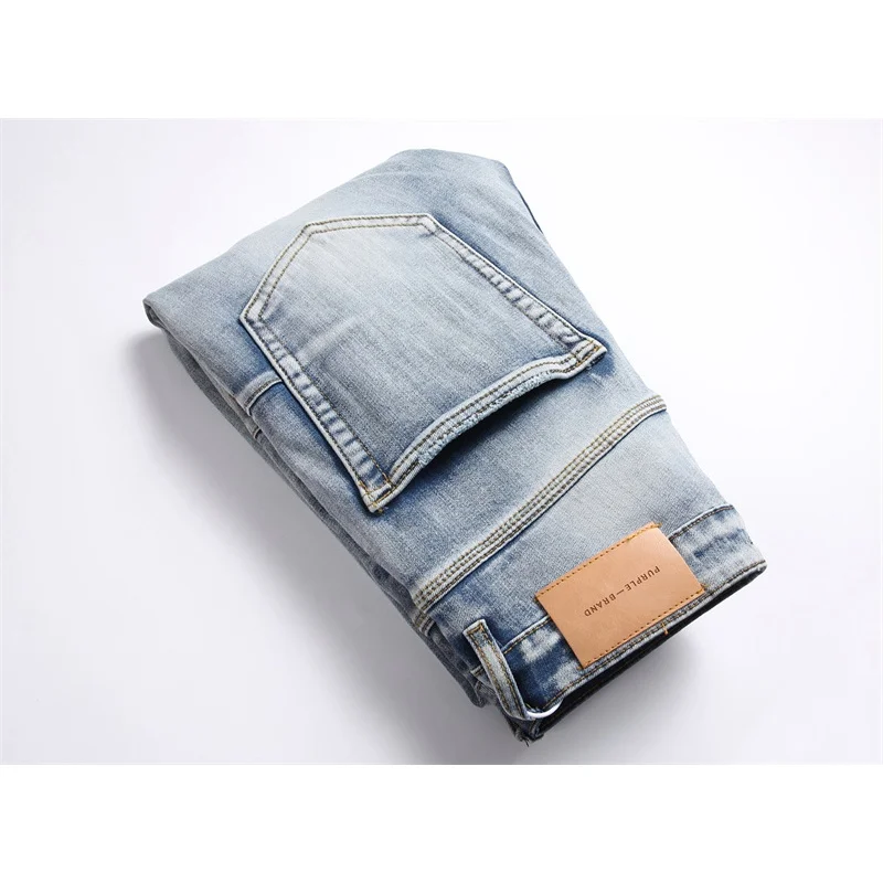 Y2K jeans personalized fashion street holes paint retro blue heavy craft Slim micro-stretch small straight men's jeans