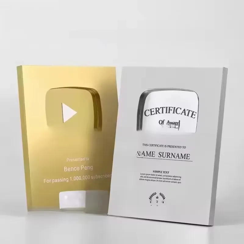 For YouTube Play Button Trophies, Silver & Gold Plaque Coolest Gift Custom Name Available