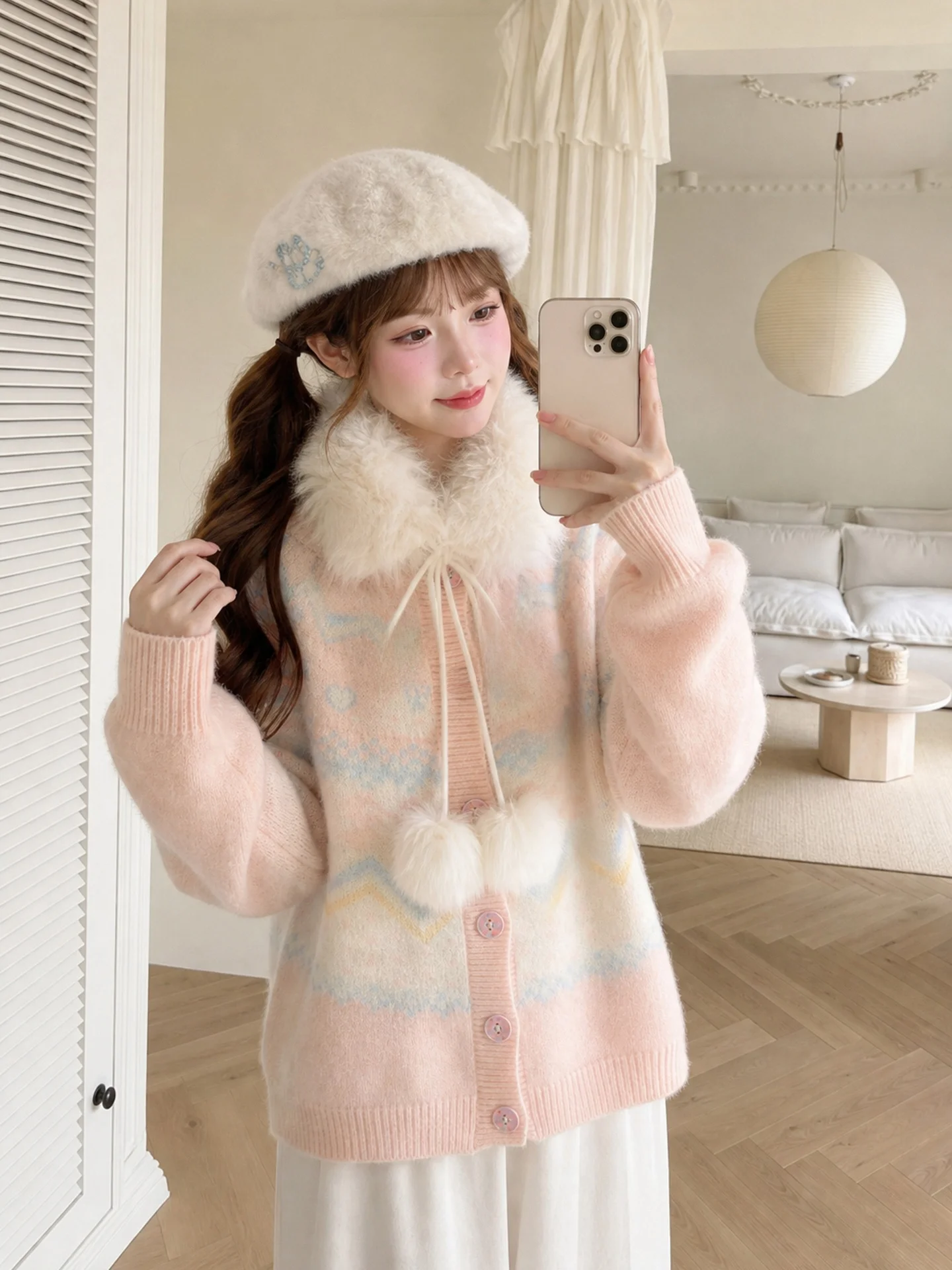 Loose round Neck Knitted Cardigan Women's Pink Fair Isle Knitwear Floral Embroidery Long Sleeve Sweater Coat Sweet Style Autumn